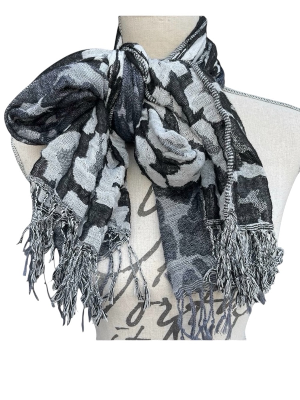 Black/Grey Reversible Print Textured Gauze Fringe Scarf Wrap Shawl